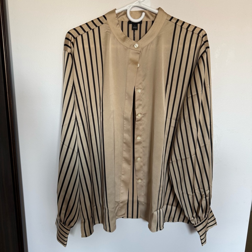 Ann Taylor Beige and Black Striped Women's Button Down Shirt